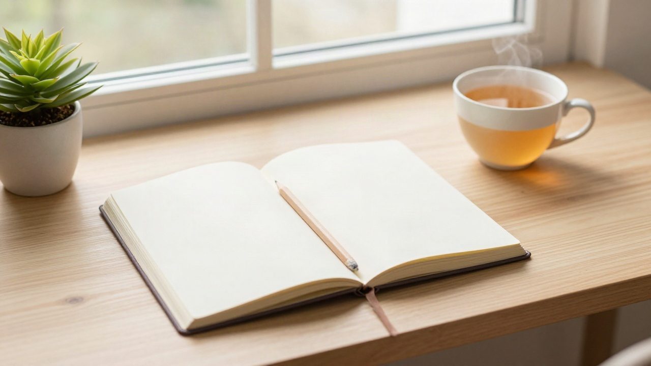 میز آرام با دفتر و چای برای تمرین قوانین کائنات و قدرت جذب